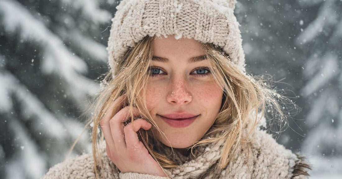 Frau mit natürlichem, gesund wirkendem Teint trägt Mütze und Schal im winterlichen Wald – Symbolbild für eine sanfte Winter-Skin-Routine und gepflegte Haut bei Kälte.
